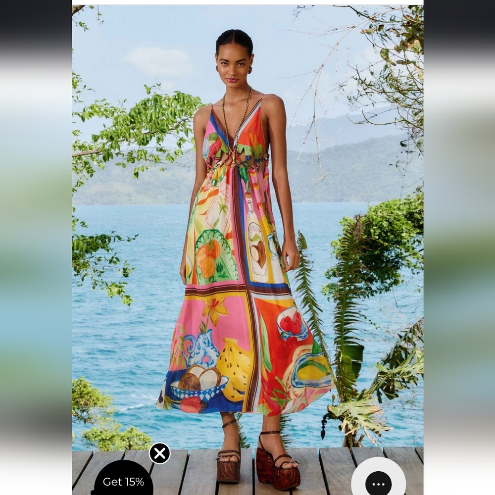 NWT Farm Rio Multicolor Summer Picnic Macrame Yoke Maxi Dress Sz XS